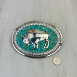 BKE-BUFFALO                Silver metal with blue turquoise stone chips Buffalo Belt buckle