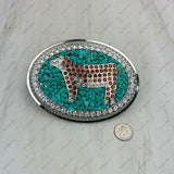 BKE-COW-BROWN            Silver metal with blue turquoise stone chips brown cow Belt buckle