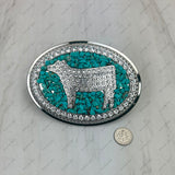 BKE-COW-CLEAR                 Silver metal with blue turquoise stone chips cow Belt buckle