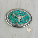BKE-LONEHORN-CLEAR          Silver metal with blue turquoise stone chips Longhorn Belt buckle