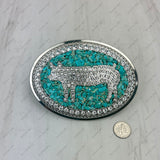BKE-PIG-CLEAR           Silver metal with blue turquoise stone chips clear crystal pig Belt buckle