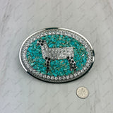BKE-SHEEP-BLACK              Silver metal with blue turquoise stone chips black and clear crystal sheep Belt buckle