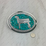 BKE-SHEEP-CLEAR             Silver metal with blue turquoise stone chips clear crystal sheep Belt buckle