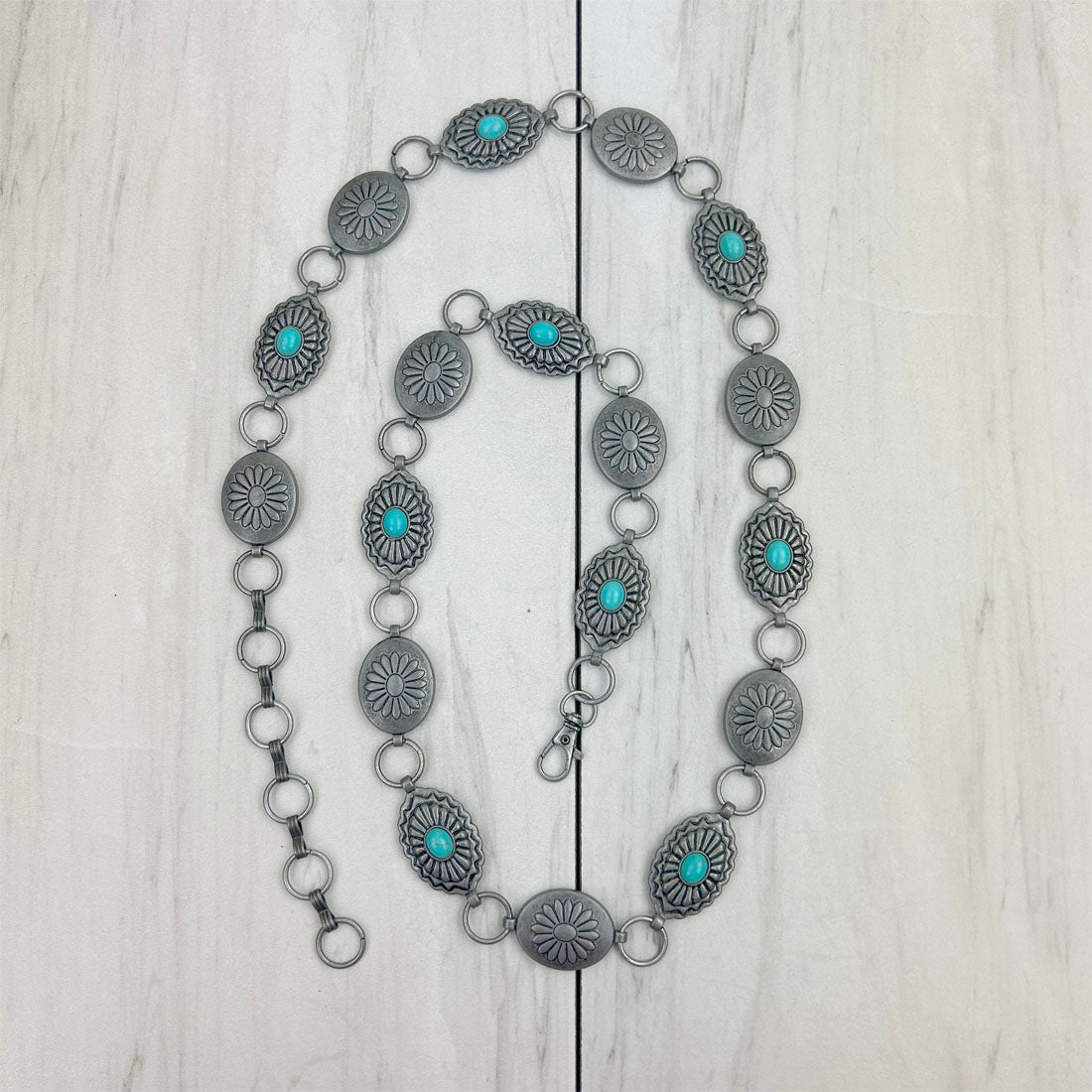 BLT1750-BLUE                   Silver metal with blue turquoise stone chain belt