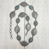 BLT20-BLUE                   Silver metal with blue turquoise stone chain belt