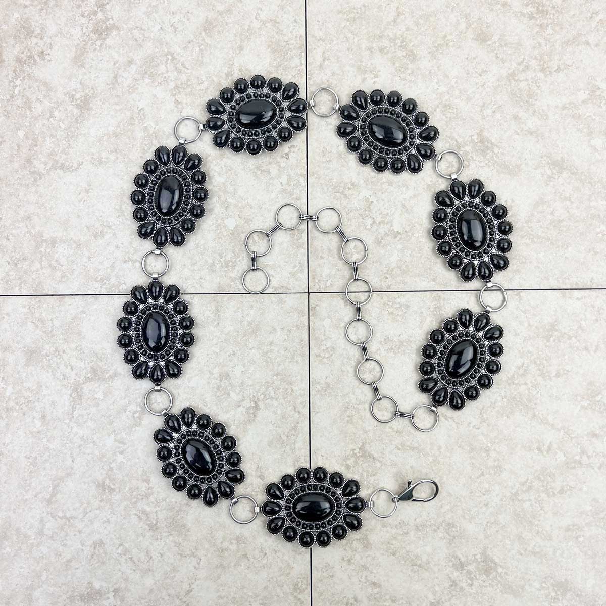 BLT220120-01-BLACK        31 Inches silver with black stone conchos belt