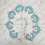 BLT220120-03-BLUE     31 inches silver metal with blue turquoise stone squash blossom link chain belt