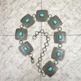 BLT220120-07-BRASS-BLUE     28 inches brass metal with blue turquoise stone square link chain belt