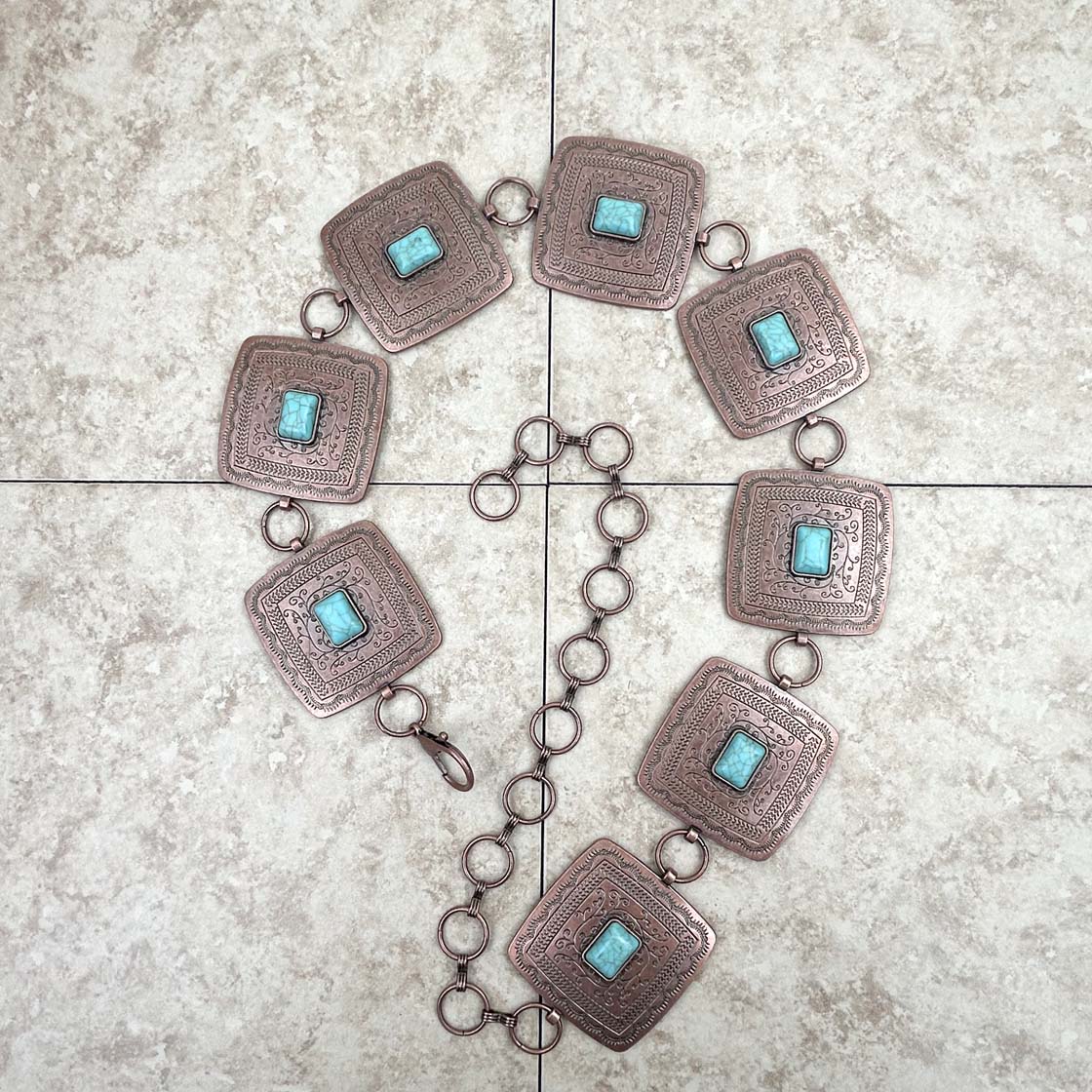 BLT220120-07-COPPER-BLUE     28 inches copper metal with blue turquoise stone square link chain belt