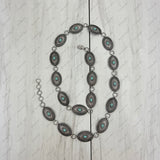 BLT220630-03-BLUE          40 Inches long silver metal oval with turquoise stone adjustable chain belt