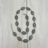 BLT220630-03-BLUE          40 Inches long silver metal oval with turquoise stone adjustable chain belt