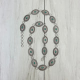 BLT220630-03-BLUE          40 Inches long silver metal oval with turquoise stone adjustable chain belt