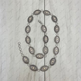 BLT220630-03-BLUE          40 Inches long silver metal oval with turquoise stone adjustable chain belt