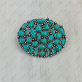BLT250120-03                   Silver metal with blue turquoise stone oval Belt Buckle