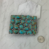 BLT250120-12                     Silver metal with blue and brown turquoise stone large rectangle Belt buckle