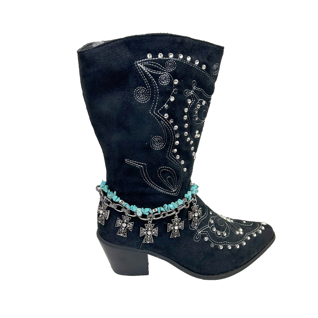 BOT130101-64N                            15 Inches long silver metal chain and blue turquoise stone with cross boot chain