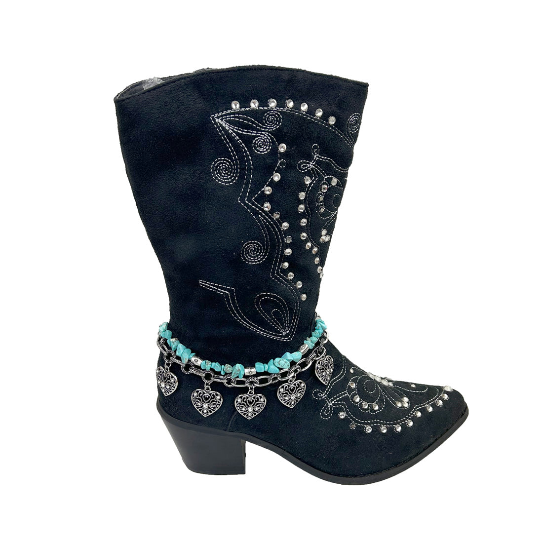 BOT130101-67N                       15 Inches long silver metal chain and blue turquoise stone with metal heart boot chain