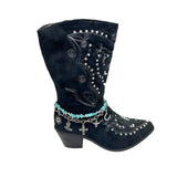 BOT130101-69             15 Inches long silver metal chain and blue turquoise stone with metal charms boot chain