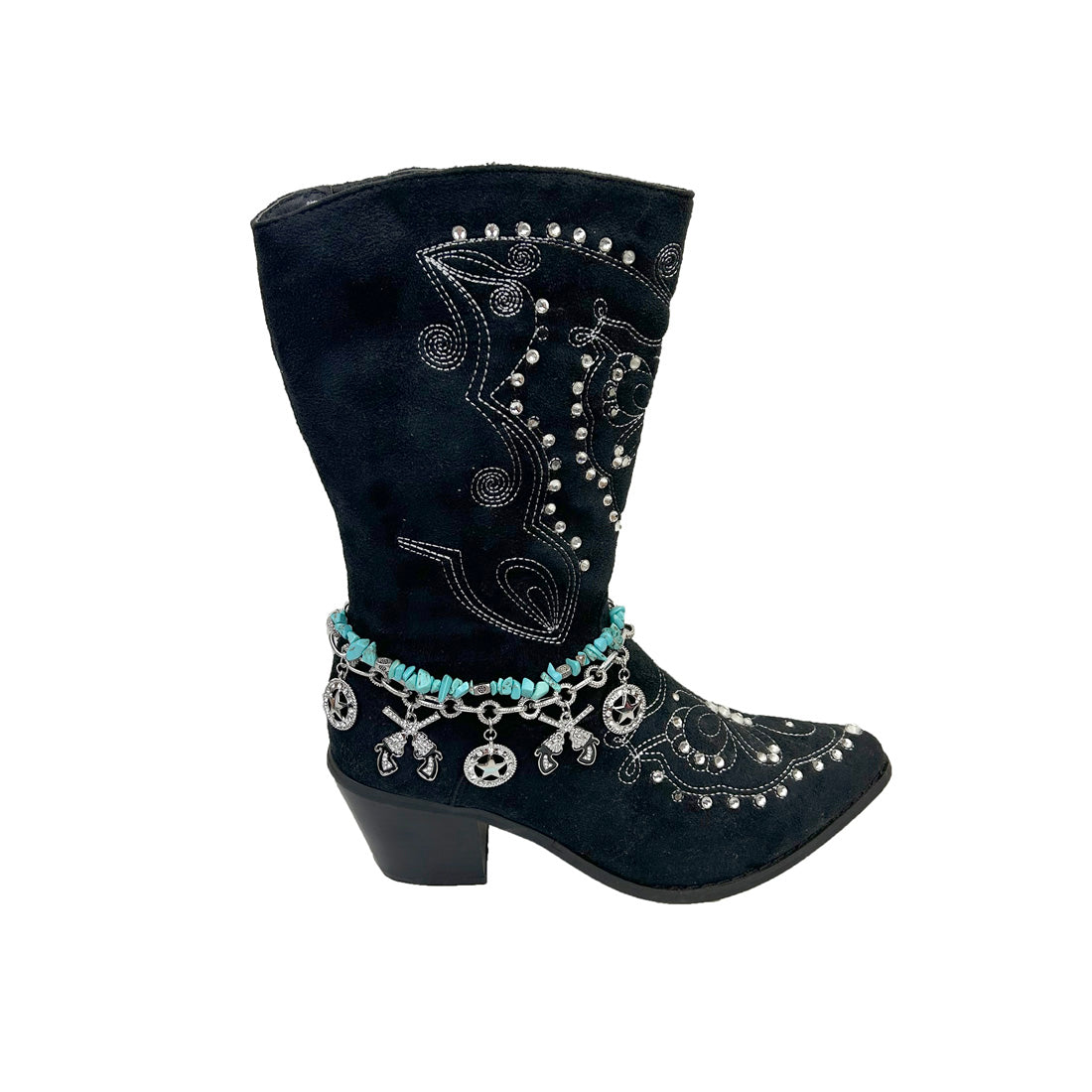 BOT130101-72           15 Inches long silver metal chain and blue turquoise stone with metal charms boot chain