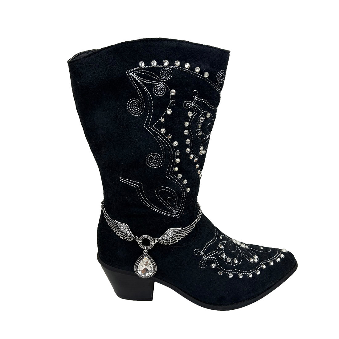BOT130722-02     14 Inches long silver metal chain with silver metal and clear crystals teardrop boot chain