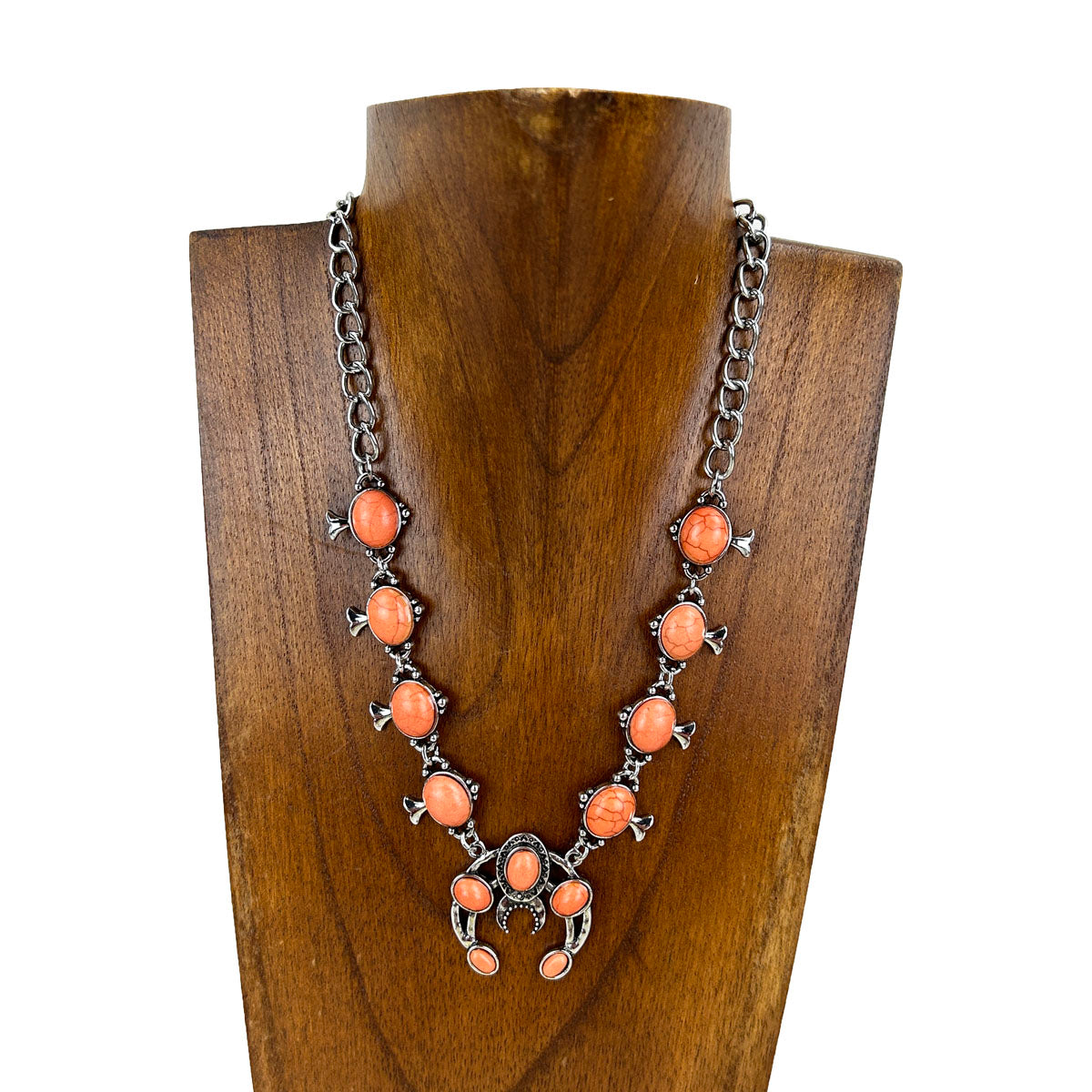BOT160905-02-ORANGE                                  16 inches silver chain with orange stone squash blossom choker