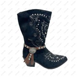 BOT191017-02     13 Inches brown leather with blue turquoise stone and silver buffalo boot chain