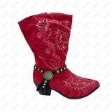 BOT191017-05      13 Inches black leather with blue turquoise stone and silver Indian head boot chain