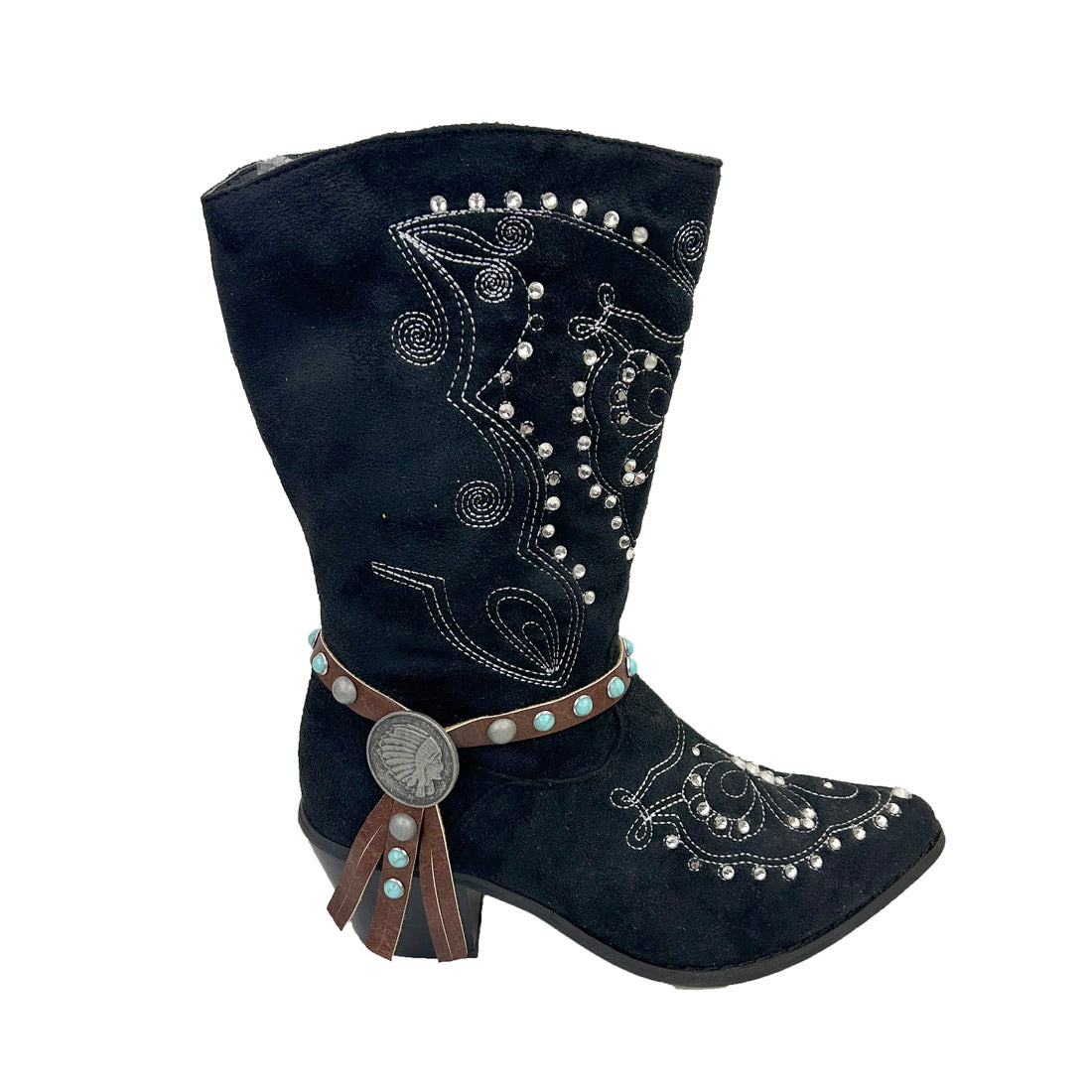 BOT191017-06      13 Inches brown leather with blue turquoise stone and silver Indian head boot chain