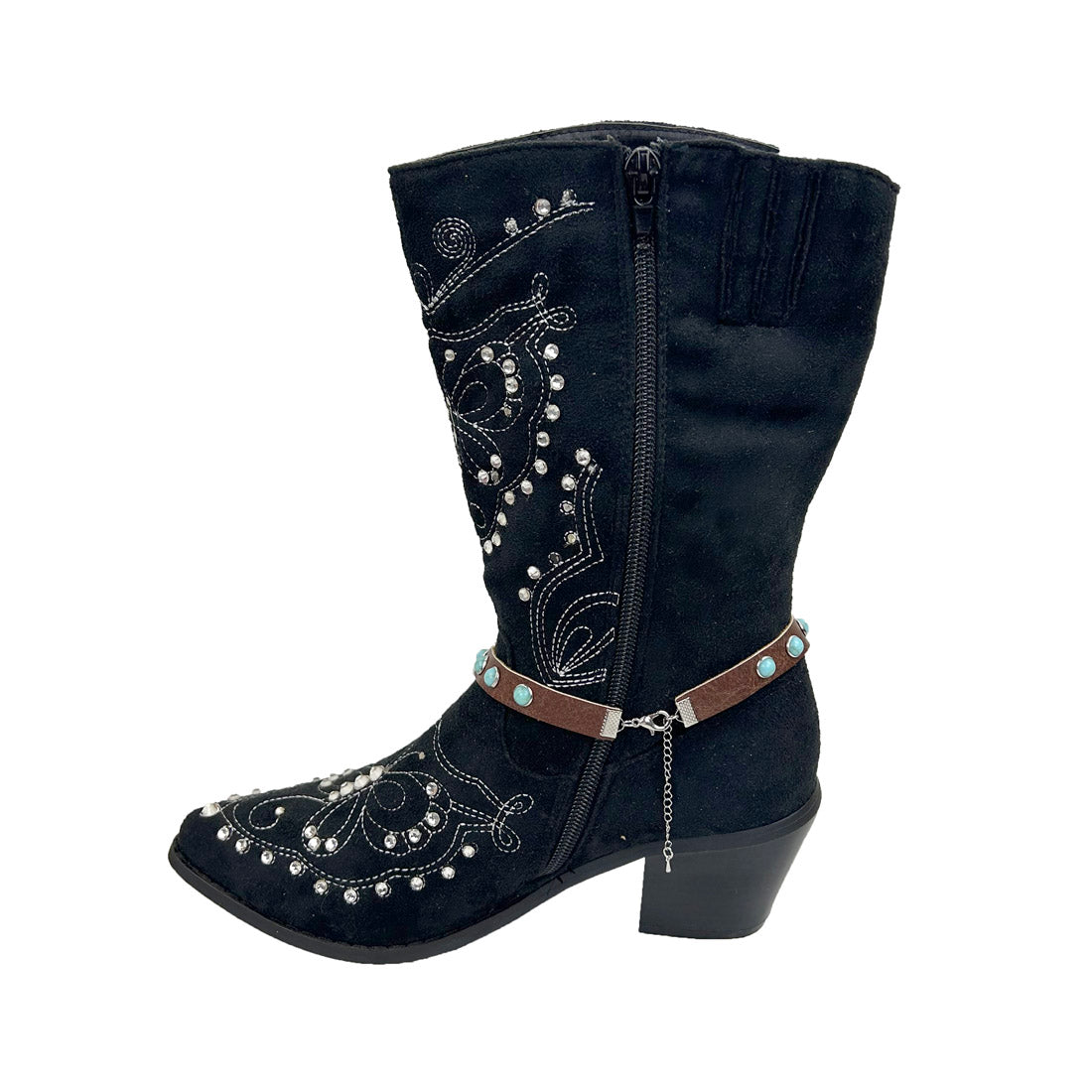 BOT191017-10        13 Inches brown leather with blue turquoise stone and silver buffalo boot chain