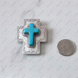 BPD250530-04-BLUE           55x45mm blue turquoise cross with silver base wild rag slide