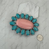 BPD251230-01-RED-BLUE                     Silver metal with red and blue turquoise stone large oval Belt buckle