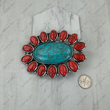BPD251230-01-RED-BLUE                     Silver metal with red and blue turquoise stone large oval Belt buckle