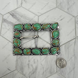 BPD251230-03-BLUE                             Silver metal with blue turquoise stone large rectangle Belt buckle