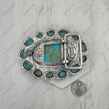 BPD251230-06-BLUE-BROWN                      Silver metal with blue and brown turquoise stone oval Belt buckle