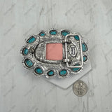BPD251230-06-BLUE-PINK                  Silver metal with blue and pink turquoise stone oval Belt buckle