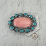 BPD251230-06-BLUE-PINK                  Silver metal with blue and pink turquoise stone oval Belt buckle
