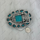 BPD251230-06-BLUE                        Silver metal with blue turquoise stone oval Belt buckle