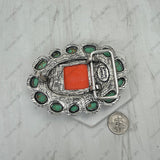 BPD251230-06-GREEN-ORANGE                   Silver metal with green and orange turquoise stone oval Belt buckle