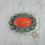 BPD251230-06-GREEN-ORANGE                   Silver metal with green and orange turquoise stone oval Belt buckle