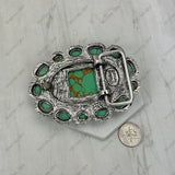 BPD251230-06-GREEN                   Silver metal with green turquoise stone oval Belt buckle