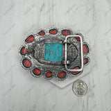 BPD251230-06-RED-BLUE                               Silver metal with red and blue turquoise stone oval Belt buckle