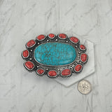 BPD251230-06-RED-BLUE                               Silver metal with red and blue turquoise stone oval Belt buckle