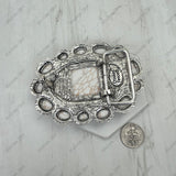 BPD251230-06-WHITE                        Silver metal with white turquoise stone oval Belt buckle