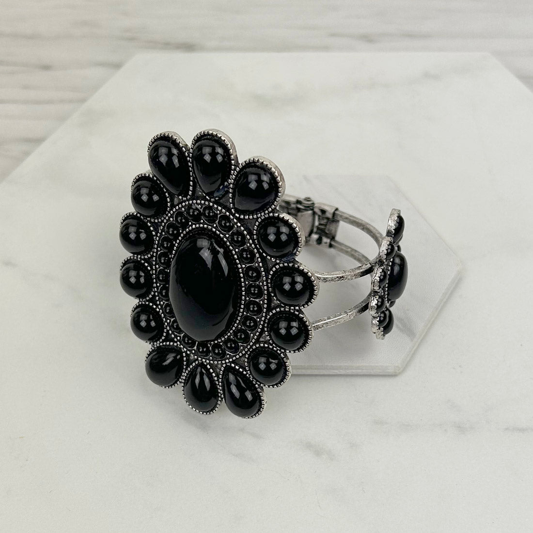 BR211230-02-BLACK           silver with black stone Concho Cuff Bracelet