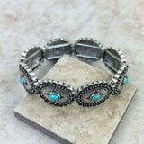BR230430-01-BLUE     Silver with blue turquoise stone stretch concho Bracelet