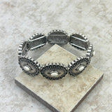 BR230430-01-WHITE     Silver with white stone stretch concho Bracelet