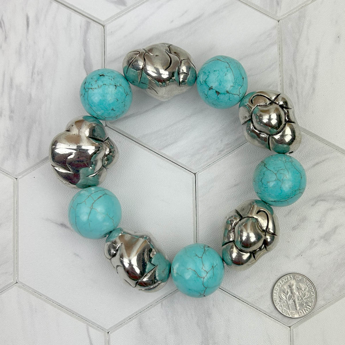 BR231216-05                  Blue turquoise stone beads with silver color nuggets Bracelet