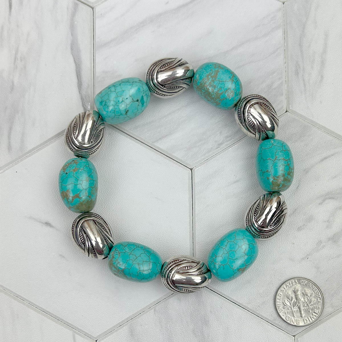 BR231216-06                Blue turquoise stone beads with silver color nuggets Bracelet
