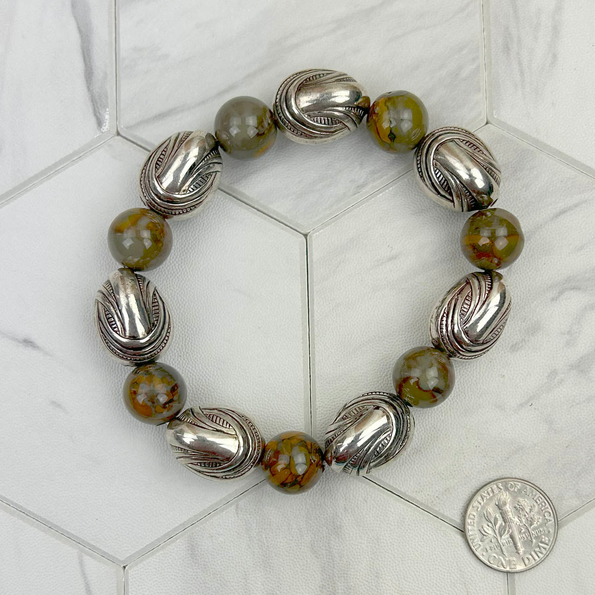 BR231216-07             Brown jasper stone beads with silver color nuggets Bracelet