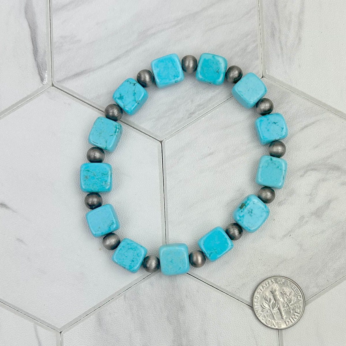 BR231216-09               Blue turquoise stone beads with silver Navajo pearl beads Bracelet